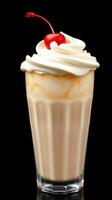 Creamy caramel shake topped with whipped cream and a cherry served in a tall glass photo