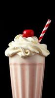Creamy strawberry milkshake topped with whipped cream and cherry served in a tall glass photo