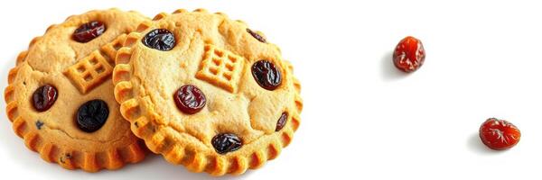 Deliciously baked cookies with raisins and decorative patterns on a white background in a cozy kitchen setting photo