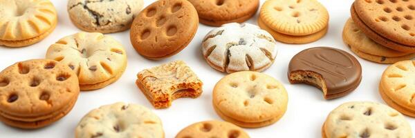 Assorted cookies with various flavors arranged on a white background ready for enjoyment and sharing at a dessert gathering photo