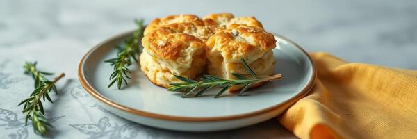 Flaky buttermilk biscuit served on a plate with fresh rosemary and a napkin photo