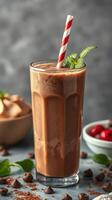 Creamy chocolate milkshake with mint garnish served in a tall glass with a striped straw and dessert elements in the background photo