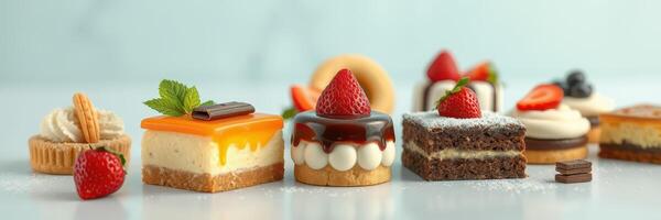 Colorful assortment of delicious desserts displayed on a white background with fresh fruits and chocolate photo