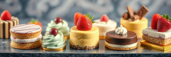 Delicious assorted desserts featuring fruits and cream served on an elegant table photo