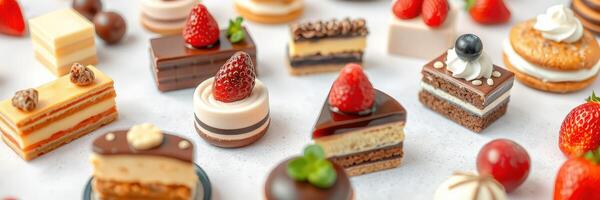 Various colorful desserts arranged beautifully on a display table for a festive occasion or gathering photo