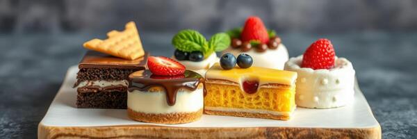 Colorful assortment of miniature desserts with fruits on a white plate in a stylish setting photo