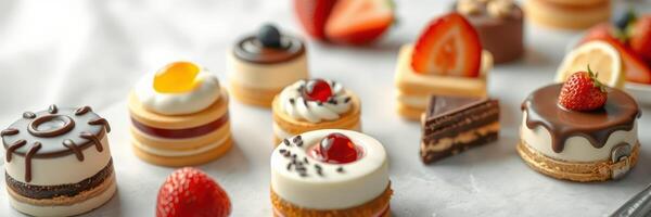 Delightful assortment of colorful pastries arranged on a light surface at a bakery photo