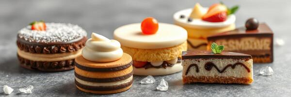 Assorted delicious pastries and desserts arranged on a grey background with decorative elements for a festive presentation photo