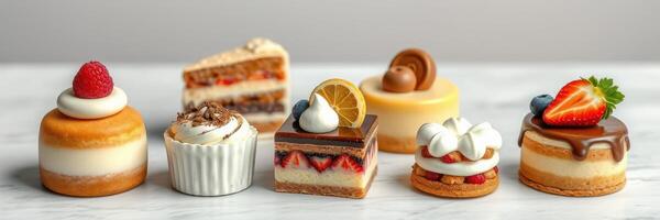 Delightful assortment of miniature desserts arranged beautifully on a marble countertop photo