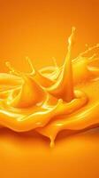 Bright yellow liquid splash creates dynamic droplets against an orange background in artistic representation photo