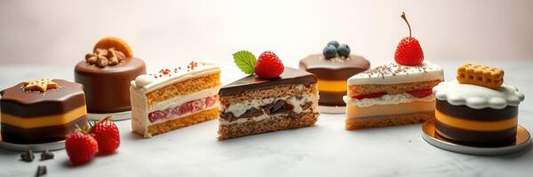 Variety of delicious desserts arranged elegantly on a table with fresh fruit and chocolate accents photo
