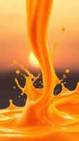 Vibrant orange liquid splashes against a sunset backdrop creating an artistic and dynamic display photo