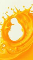 Vibrant orange liquid splashes into an artistic swirl creating a dynamic visual display photo