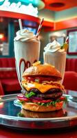 Delicious cheeseburger and milkshakes served in a retro diner setting with vibrant decor and classic style photo