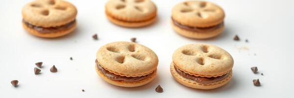 Unique dessert featuring sweet sandwich cookies with chocolate filling arranged on a white surface photo