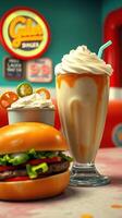 Delicious burger and milkshake served in a retro diner setting with vibrant decor and bright colors photo