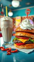 Giant burger with three patties, toppings, and creamy milkshake served at retro diner photo