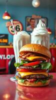 Gourmet burger and milkshakes served at a retro diner during lunchtime photo