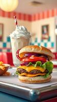 Classic diner meal featuring a cheeseburger, fries, and milkshake in a retro setting photo