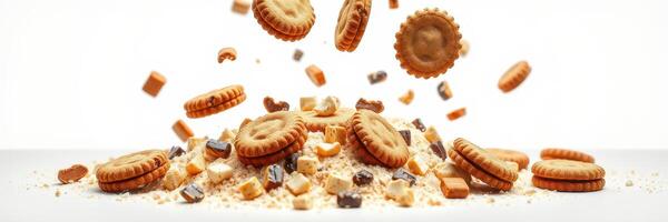 Cookies and candy pieces fall onto a pile of crumbs on a clean surface in a light setting photo