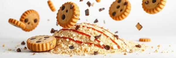 Cookies and crumbs scatter playfully on a white surface in a fun dessert experiment photo