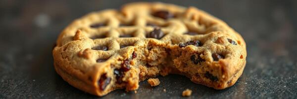 Freshly baked cookie with chocolate chips and a bite taken out of it on a dark surface photo