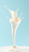 Milk splashes elegantly upwards against a soft blue background, showcasing smooth creamy texture and dynamic motion photo
