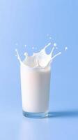 Milk splash captured during a dynamic pour against a blue backdrop illustrating freshness and vibrancy in a lively setting photo
