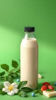Creamy beverage in a clear bottle surrounded by fresh fruits and greenery against a vibrant green background photo