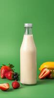 Fresh milk bottle surrounded by strawberries and banana on green background photo