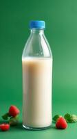 Fresh milk bottle with ripe strawberries on a green background showcasing a vibrant dairy scene photo