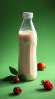 Fresh milk bottle surrounded by strawberries and cherries on a vibrant green background photo