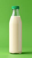Fresh milk bottle stands against a vibrant green background, highlighting its creamy texture and design photo