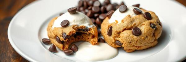 Delicious warm cookies with chocolate chips and cream served on a plate photo