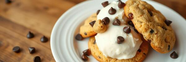 Delicious chocolate chip cookies with creamy ice cream served on a white plate during a casual dessert moment photo