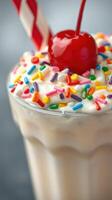 Creamy milkshake topped with colorful sprinkles and a cherry served in a retro glass photo