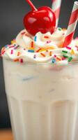 Creamy milkshake topped with cherry and colorful sprinkles in a tall glass with striped straws on a wooden table photo