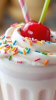Delicious milkshake topped with whipped cream, a cherry, and colorful sprinkles served in a glass photo