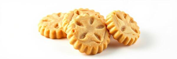 Delicious round cookies with floral designs arranged neatly on a white background photo