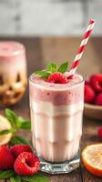 Refreshing raspberry smoothie served with mint and lemon on a wooden table photo