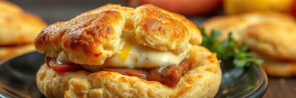Savory breakfast biscuit sandwich with eggs and bacon served on a dark plate photo