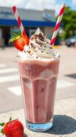 Delicious strawberry shake topped with whipped cream and chocolate sprinkles on a sunny day photo