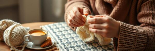 Enjoying a cozy afternoon of knitting and sipping tea while relaxing indoors on a chilly day photo