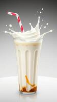 Delicious milkshake with creamy texture and a splash of caramel topped with whipped cream photo