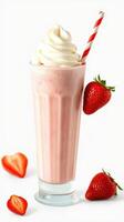 Strawberry milkshake topped with whipped cream and served with fresh strawberries on a plain background photo