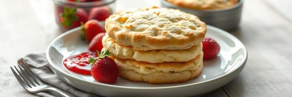Fluffy pancakes served with fresh strawberries and syrup on a white plate photo
