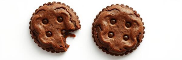 Chocolate cookies with melty chips and a bite taken out on a clean surface photo