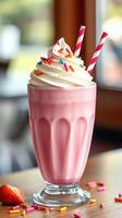 Delicious milkshake topped with whipped cream and colorful sprinkles served in a classic glass at a cozy cafe photo