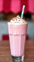 Creamy pink milkshake topped with whipped cream and colorful sprinkles in a glass photo
