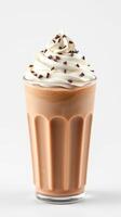 Creamy chocolate milkshake topped with whipped cream and chocolate sprinkles served in a tall glass photo